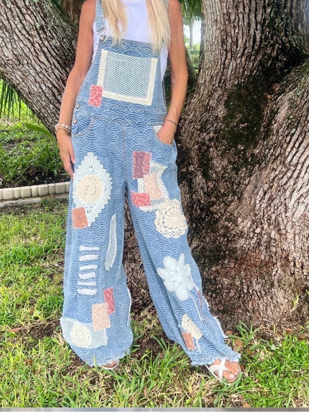 REWORKED QUILT AND LACE APPLIQUÉD OVERALLS